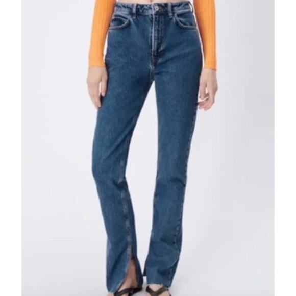 Zara Denim - Zara High Rise Split Hem Straight Leg Jeans Dark Blue Size 8
